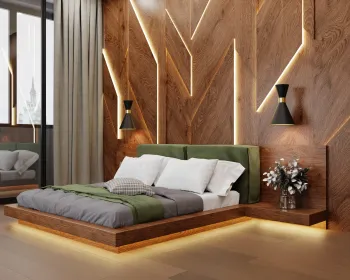 Интерьер спальни cветильниками над кроватью и с подсветкой  смотреть на Basicdecor