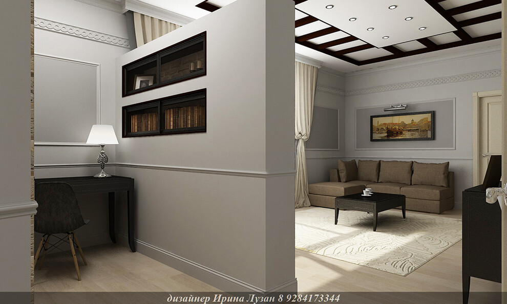 Интерьер гостиной с в деревянном доме, без дверей, проходной, аркой, проемом и переговорной в классическом стиле