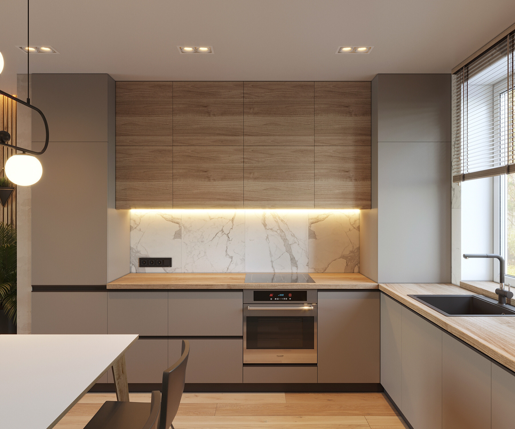 Интерьер кухни cветовыми линиями, подсветкой настенной и подсветкой светодиодной в современном стиле