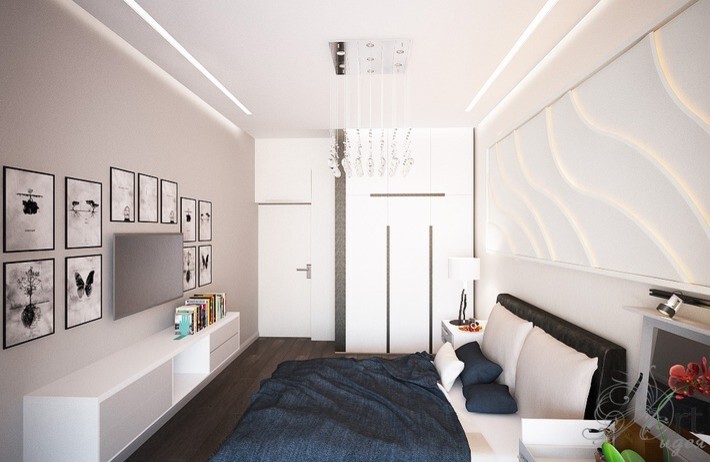 Интерьер спальни с без дверей, проходной, кроватью под потолком и шкафом у кровати в стиле лофт и модернизме