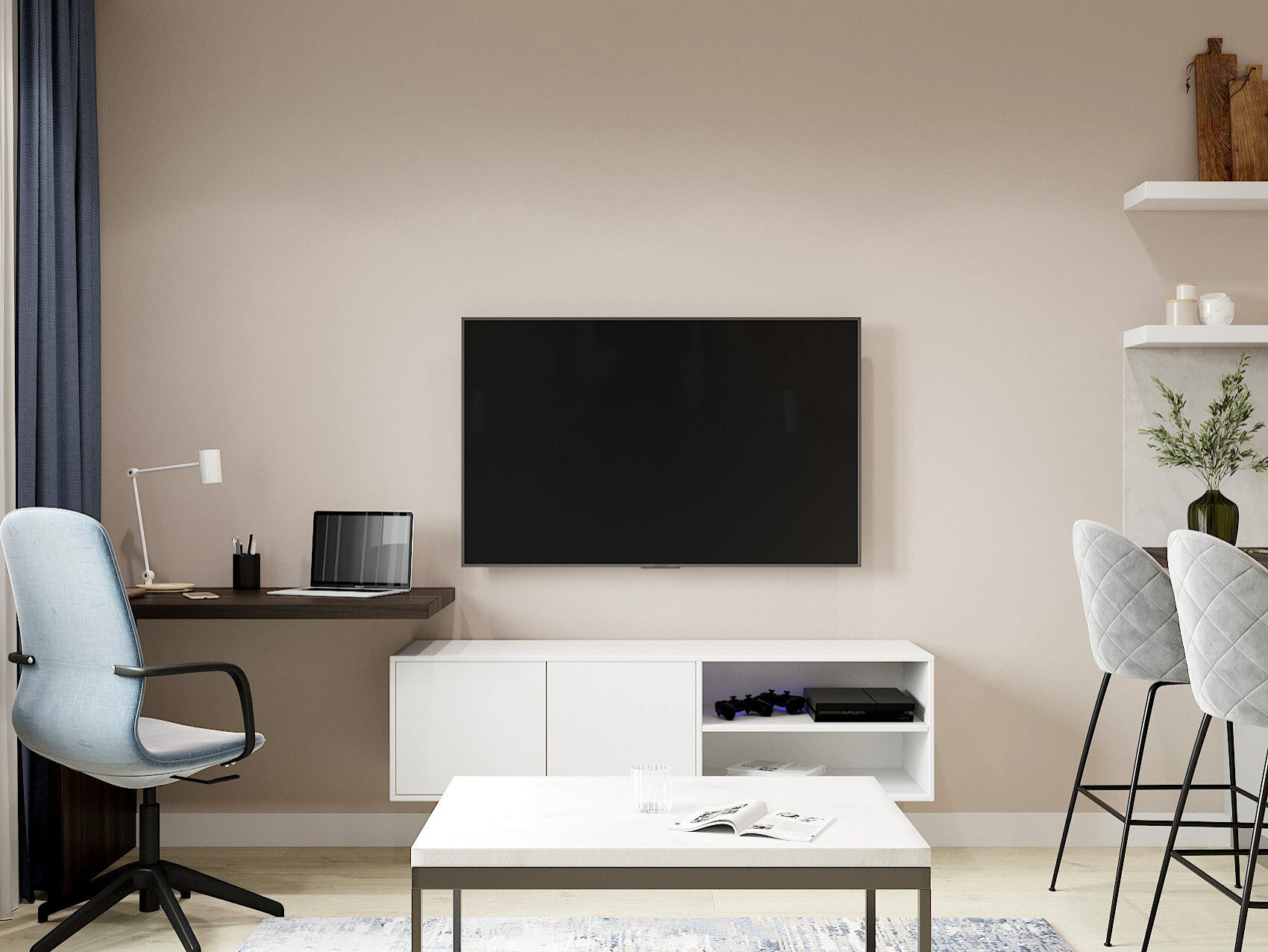 Интерьер с панно за телевизором, стеной с телевизором, телевизором на стене и керамогранитом на стену с телевизором