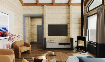 Интерьер гостиной с в деревянном доме  смотреть на Basicdecor