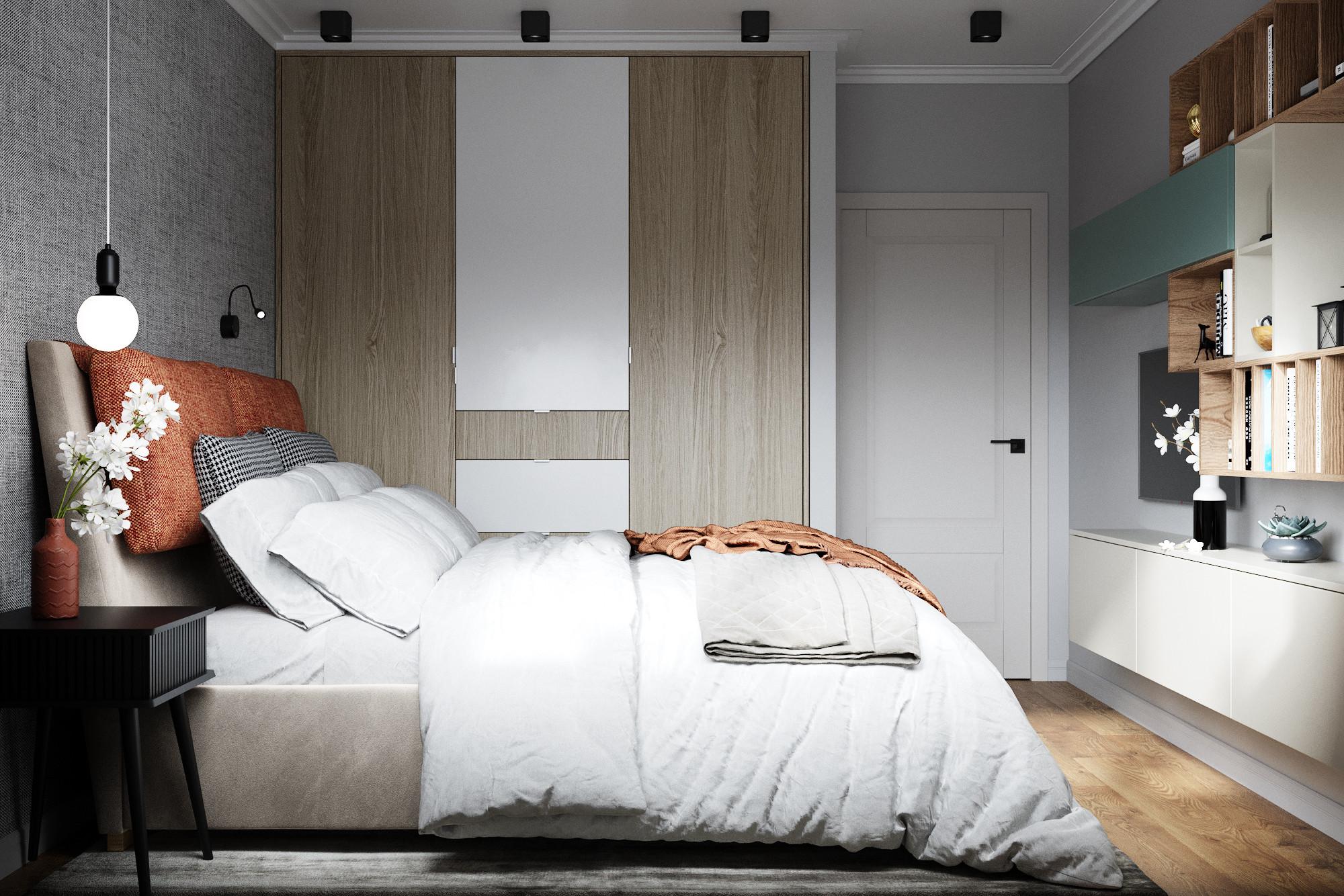 Интерьер спальни с шкафом над кроватью и шкафом у кровати в современном стиле и в стиле лофт