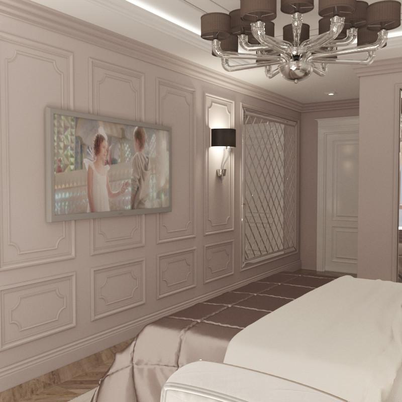 Интерьер спальни с панно за телевизором, подсветкой настенной и светильниками над кроватью в классическом стиле
