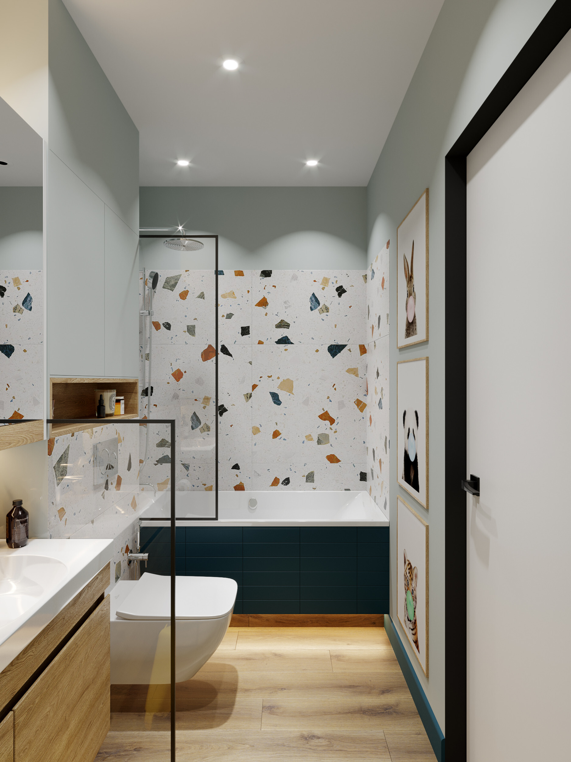 Интерьер ванной с душевой из плитки в современном стиле