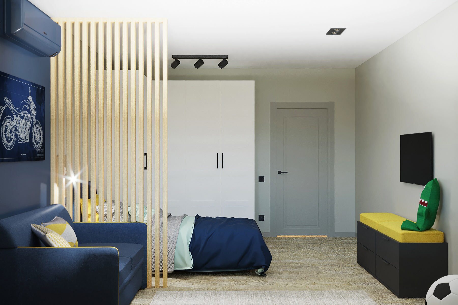 Интерьер спальни с зонированием рейками, телевизором на рейках, вертикальными жалюзи и рейками с подсветкой в стиле лофт