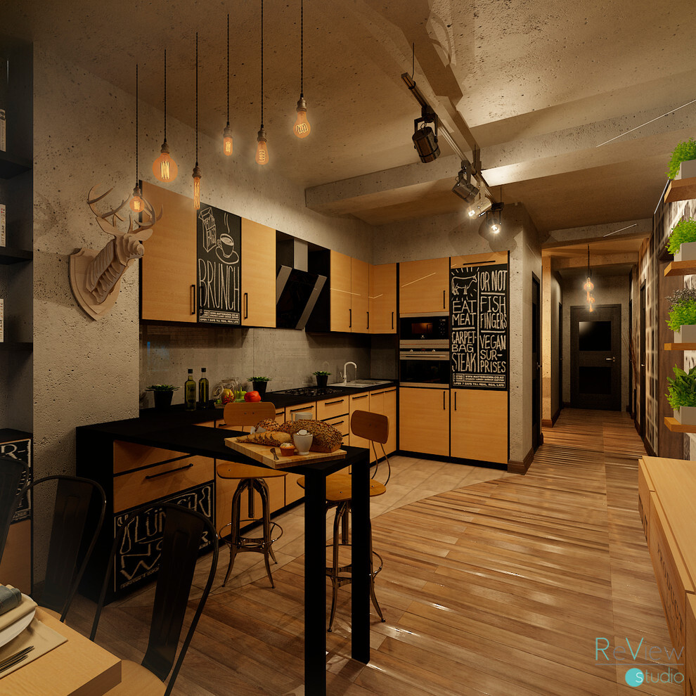 Интерьер кухни с в деревянном доме в стиле лофт