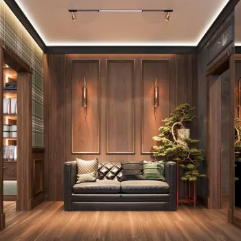 Интерьер прихожей с нишей с подсветкой, световыми линиями, светильниками над кроватью и с подсветкой  смотреть на Basicdecor