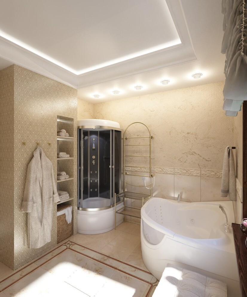 Интерьер ванной с подсветкой светодиодной в классическом стиле