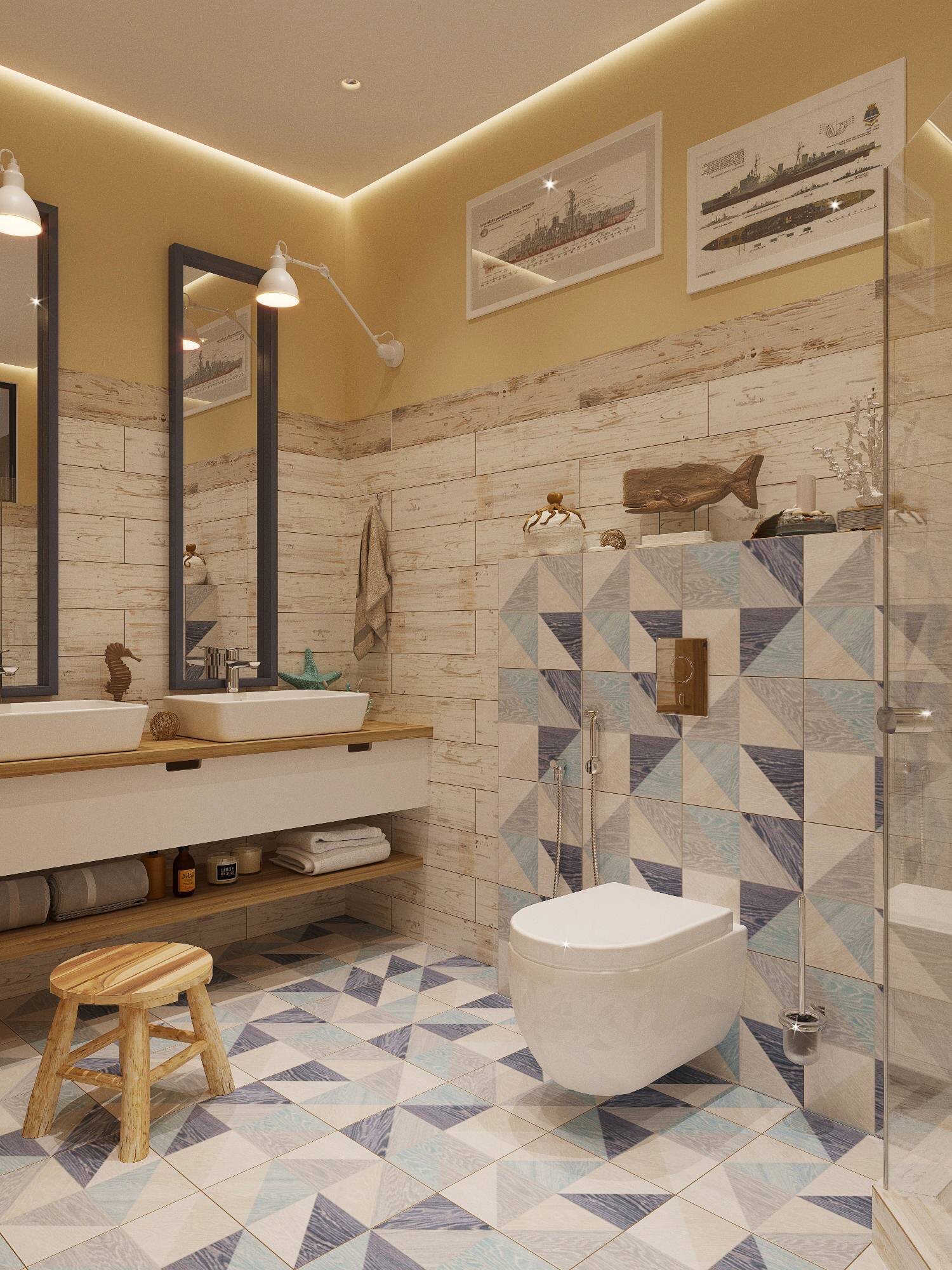 Интерьер ванной c рабочим местом и душевой из плитки в стиле лофт и в стиле кантри