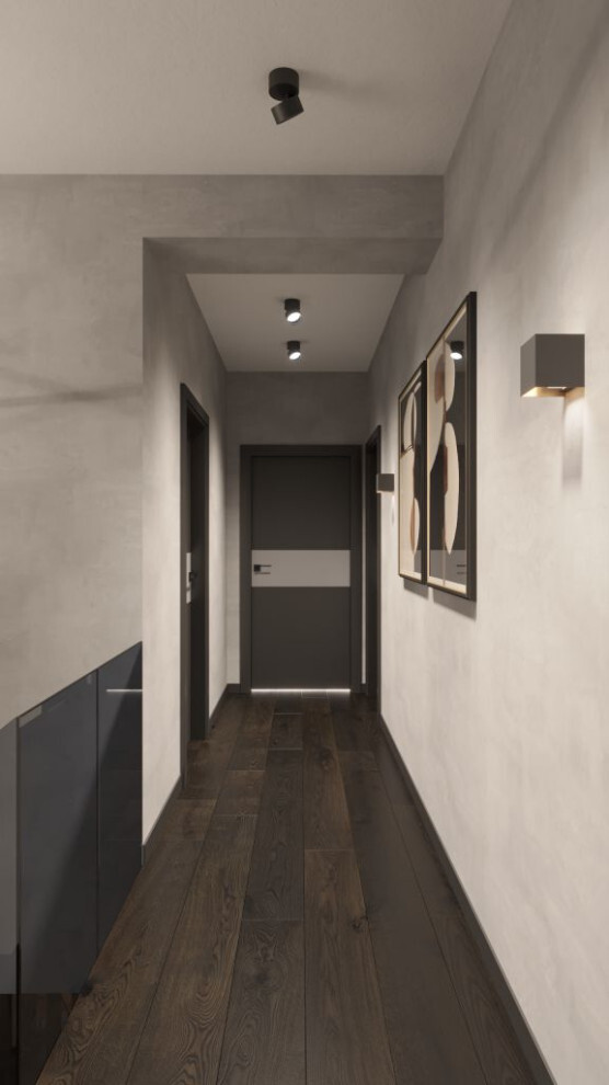 Интерьер коридора cветовыми линиями, подсветкой настенной и подсветкой светодиодной в современном стиле