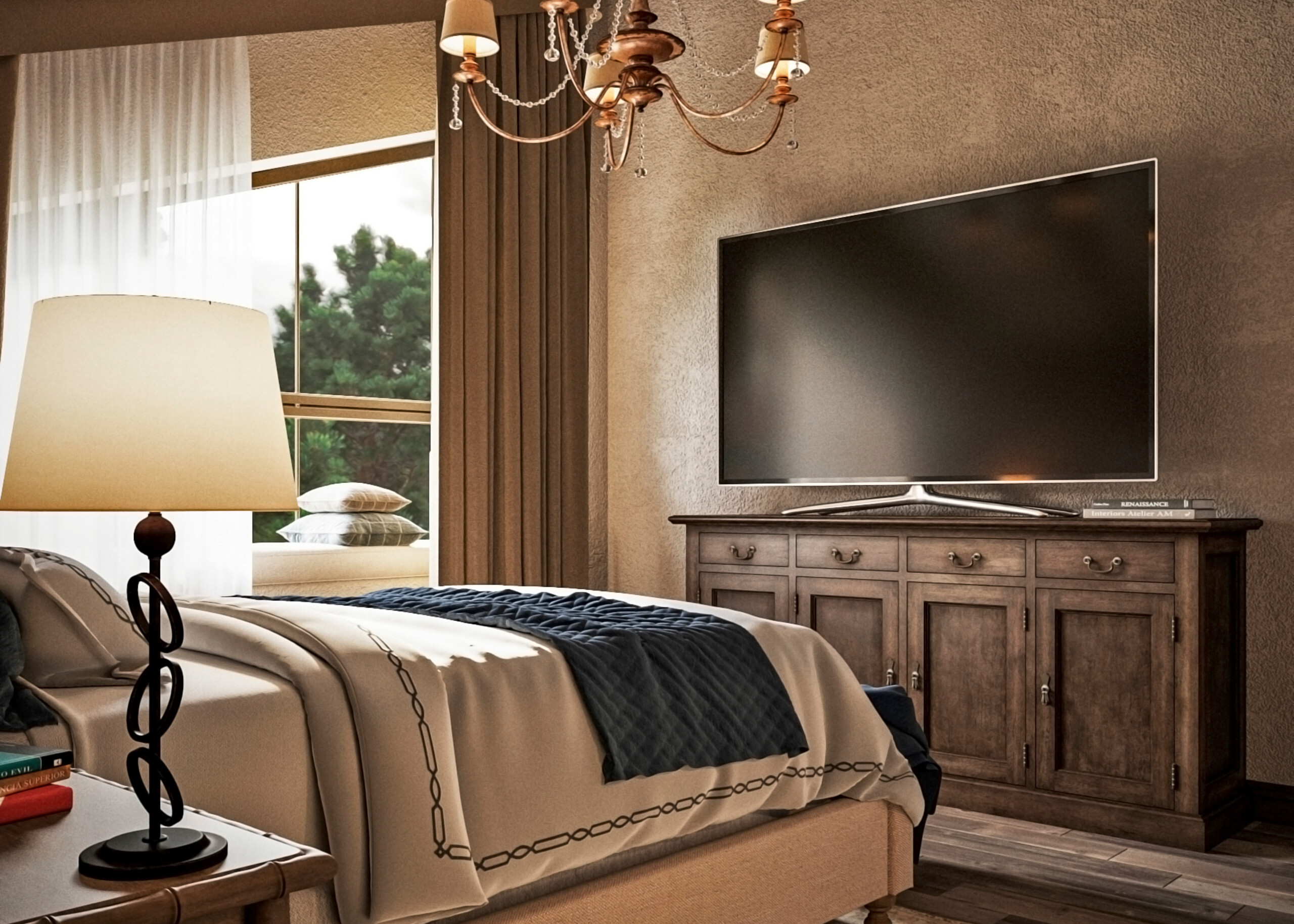 Интерьер спальни с панно за телевизором в стиле кантри