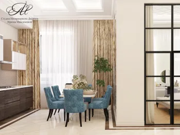 Интерьер столовой с зонированием шторами  смотреть на Basicdecor