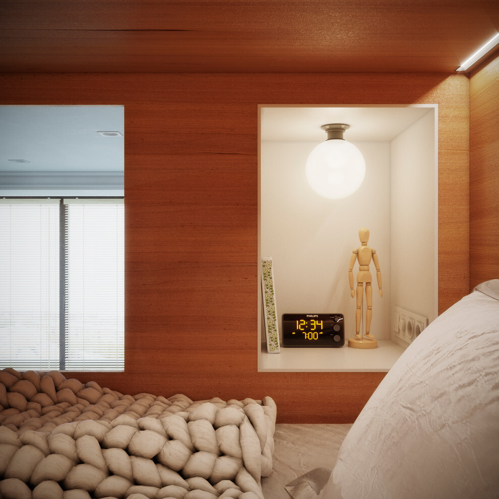 Интерьер спальни cауной, подсветкой настенной, подсветкой светодиодной и с подсветкой в скандинавском стиле