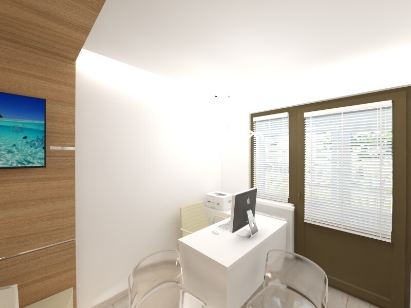 Интерьер гардеробной c рабочим местом, рейками с подсветкой и подсветкой светодиодной в современном стиле