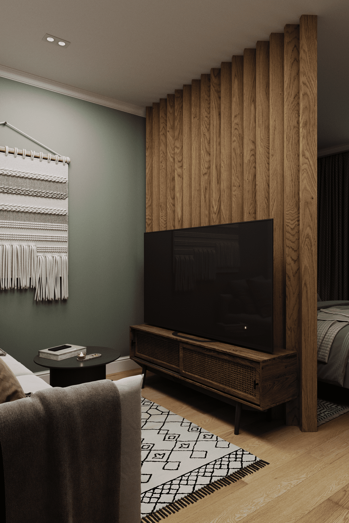 Интерьер гостиной с зонированием рейками, стеной с телевизором, телевизором на рейках и вертикальными жалюзи