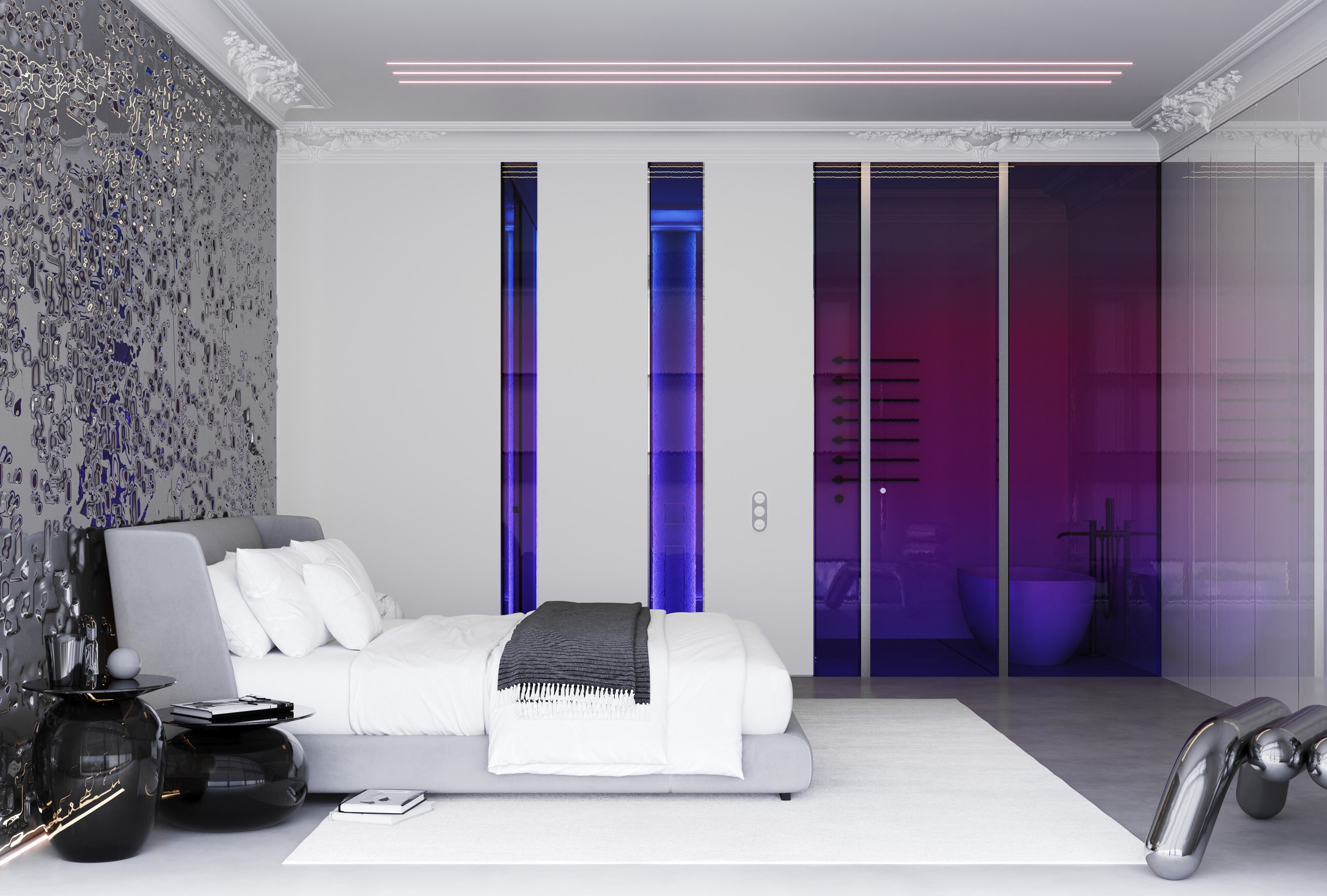Интерьер спальни с нишей с подсветкой, вертикальными жалюзи, подсветкой настенной, подсветкой светодиодной и с подсветкой в современном стиле