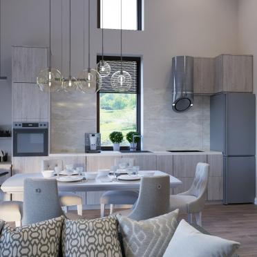 Интерьер кухни cветильниками над столом  смотреть на Basicdecor