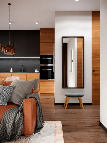 Интерьер кухни с зеркалом на двери в современном стиле смотреть на Basicdecor