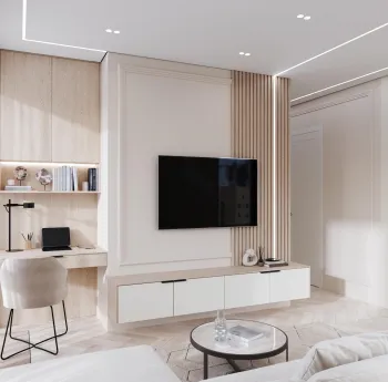 Интерьер гостиной cветовыми линиями и с подсветкой  смотреть на Basicdecor