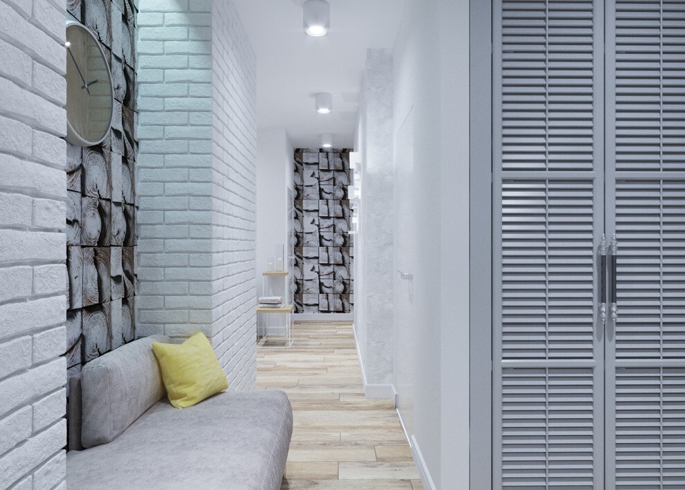 Интерьер коридора с жалюзи, вертикальными жалюзи и дверными жалюзи в современном стиле