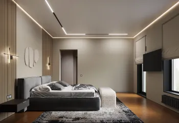 Интерьер спальни cветовыми линиями и с подсветкой  смотреть на Basicdecor