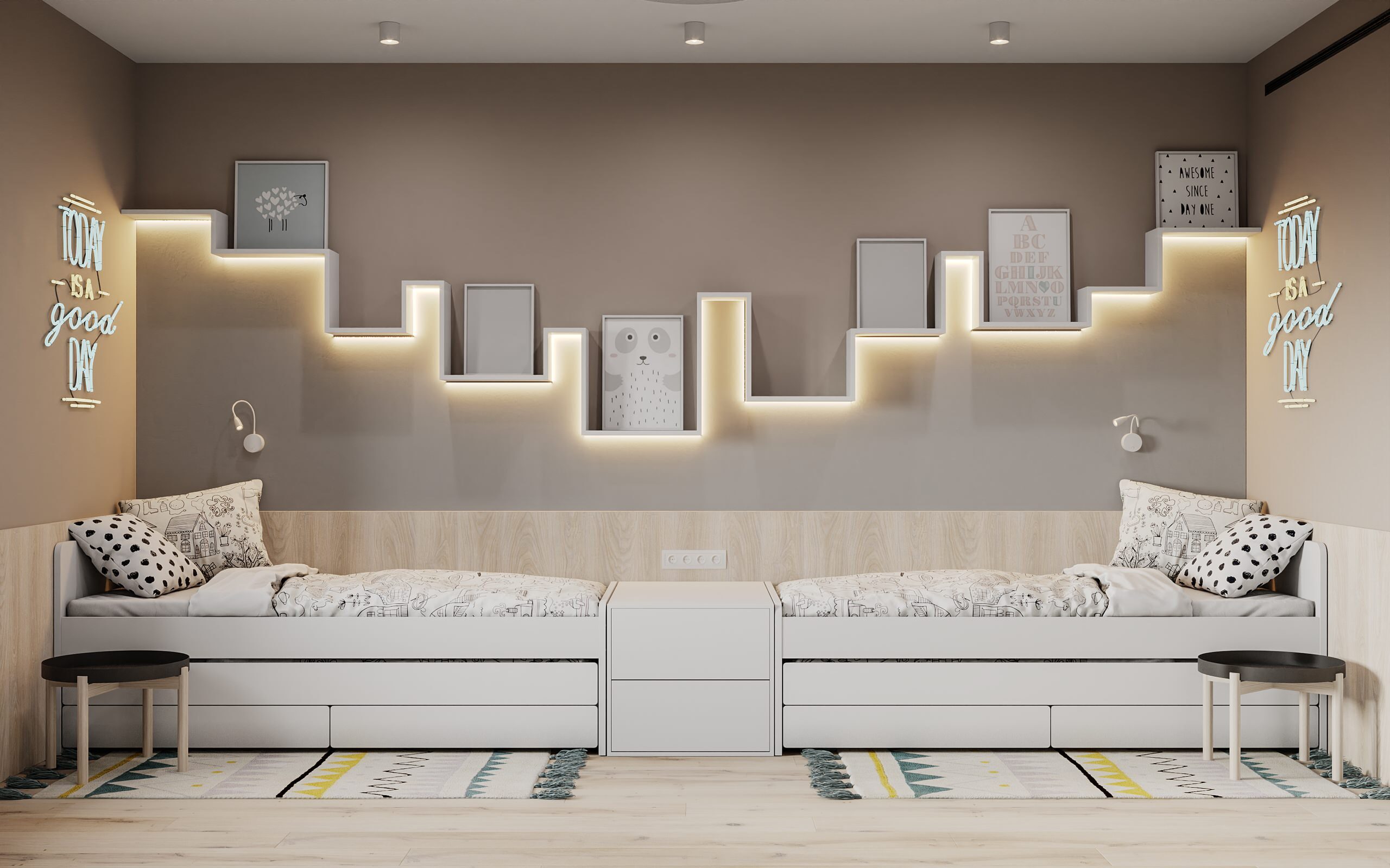 Интерьер спальни с нишей с подсветкой, подсветкой настенной, подсветкой светодиодной и светильниками над кроватью в современном стиле