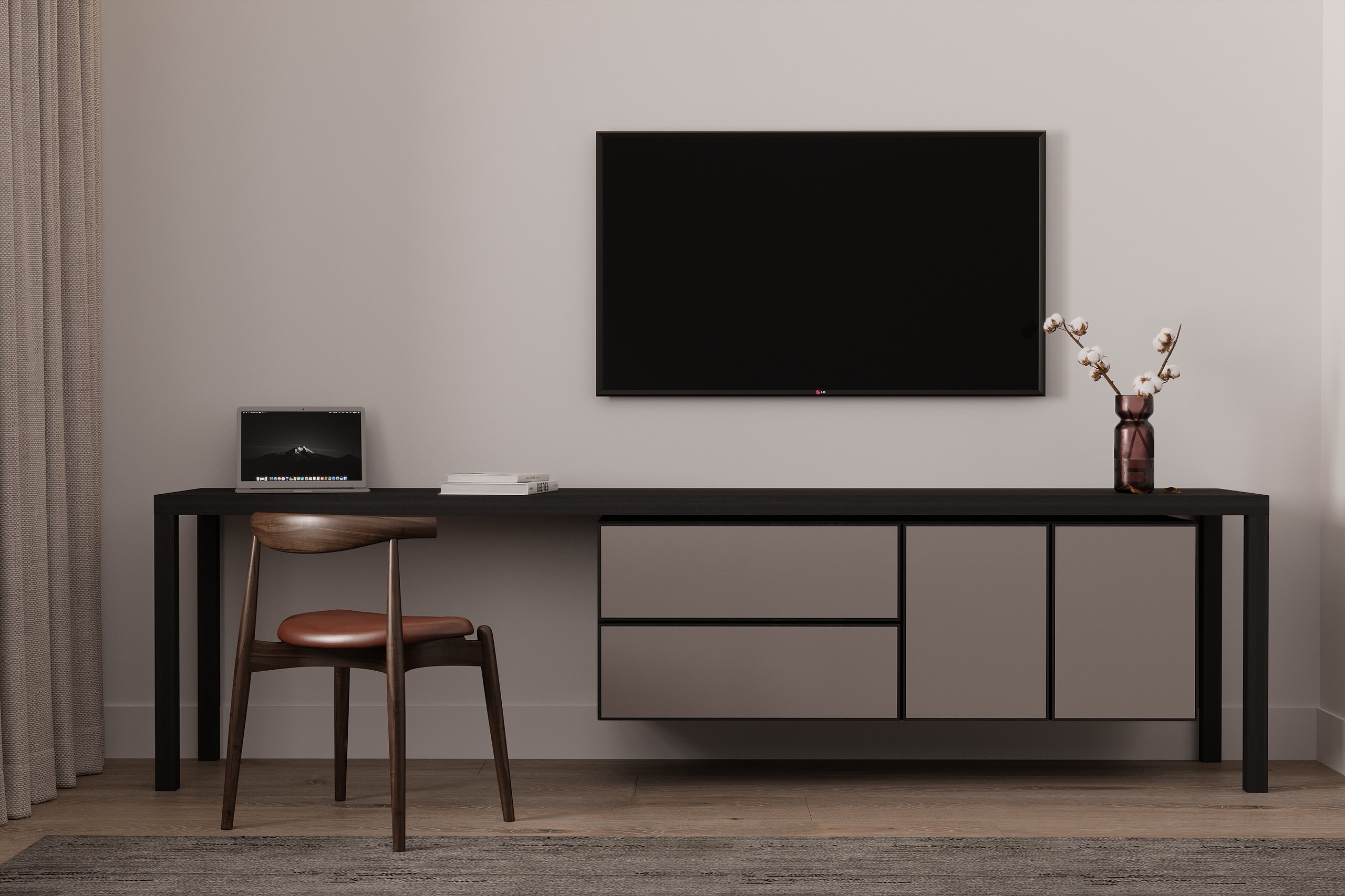 Интерьер c рабочим местом, стеной с телевизором, телевизором на стене и керамогранитом на стену с телевизором в современном стиле