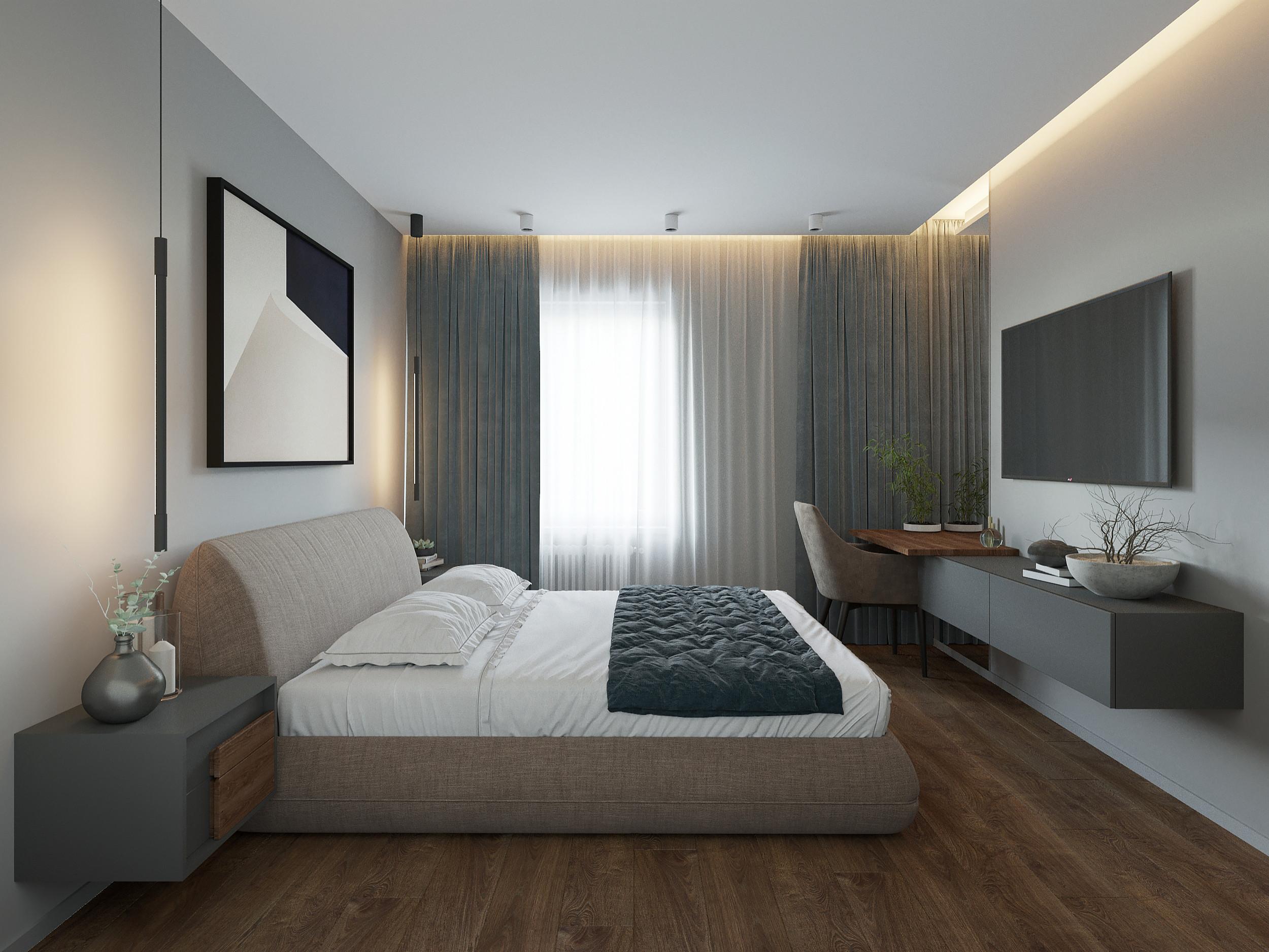 Интерьер спальни c рабочим местом и светильниками над кроватью в современном стиле и эко