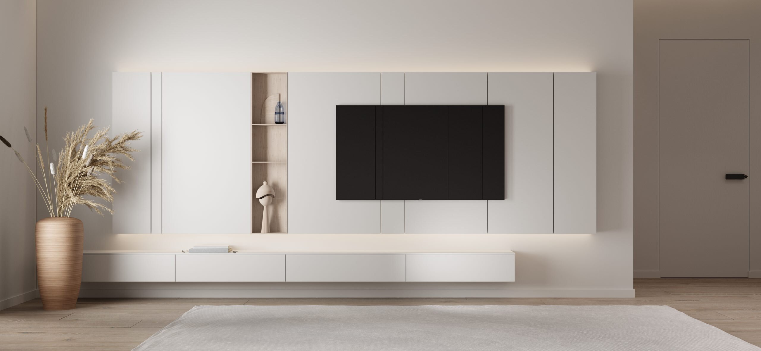 Интерьер cтеной с телевизором, телевизором на рейках, телевизором на стене, нишей для телевизора и керамогранитом на стену с телевизором в современном стиле