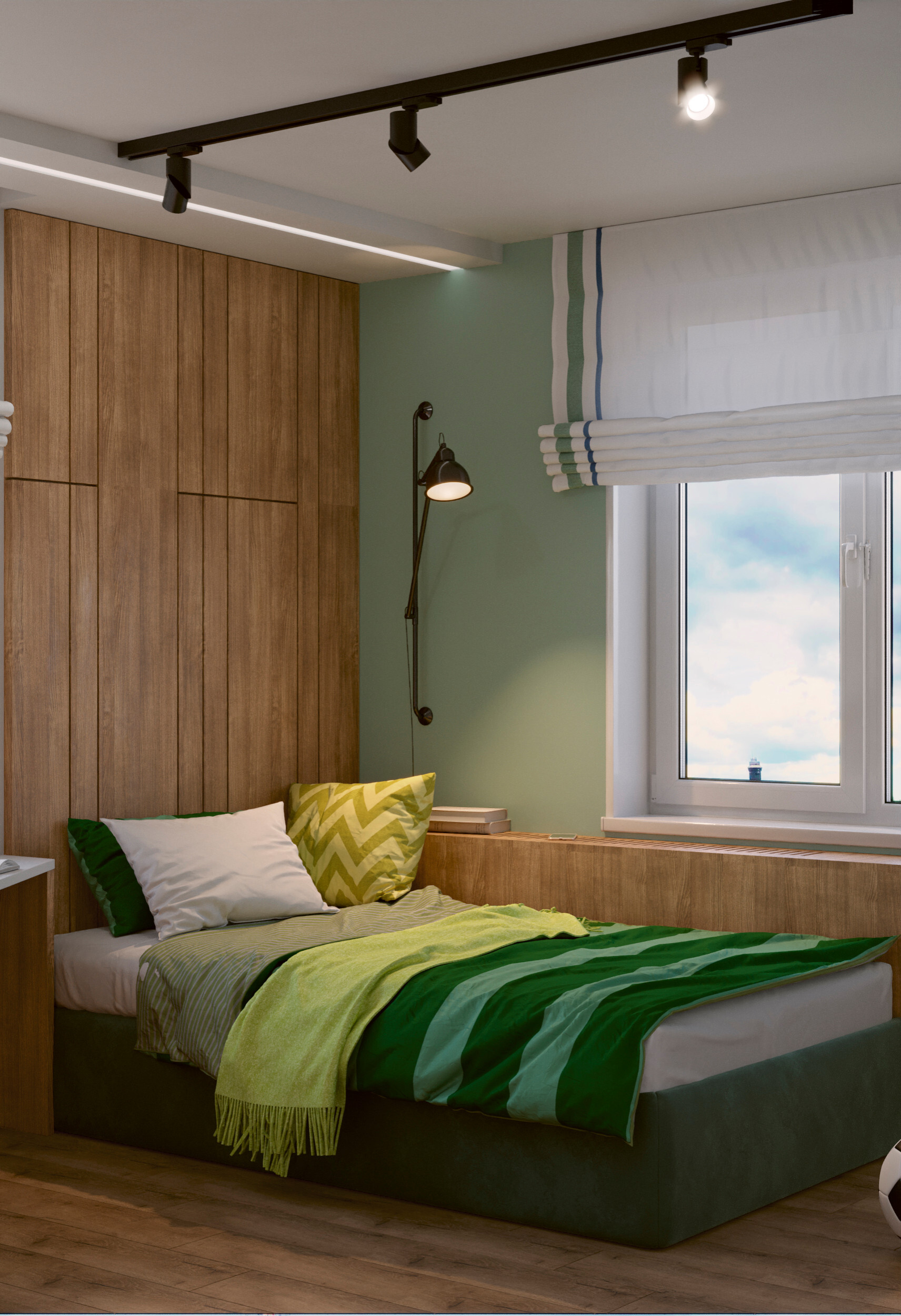 Интерьер спальни с рейками с подсветкой в современном стиле