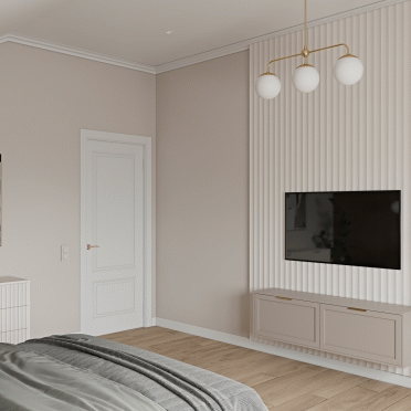 Интерьер спальни с телевизором на рейках  смотреть на Basicdecor