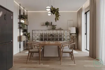 Интерьер столовой cветильниками над столом  смотреть на Basicdecor