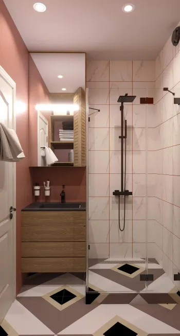 Интерьер ванной с душевой из плитки  смотреть на Basicdecor