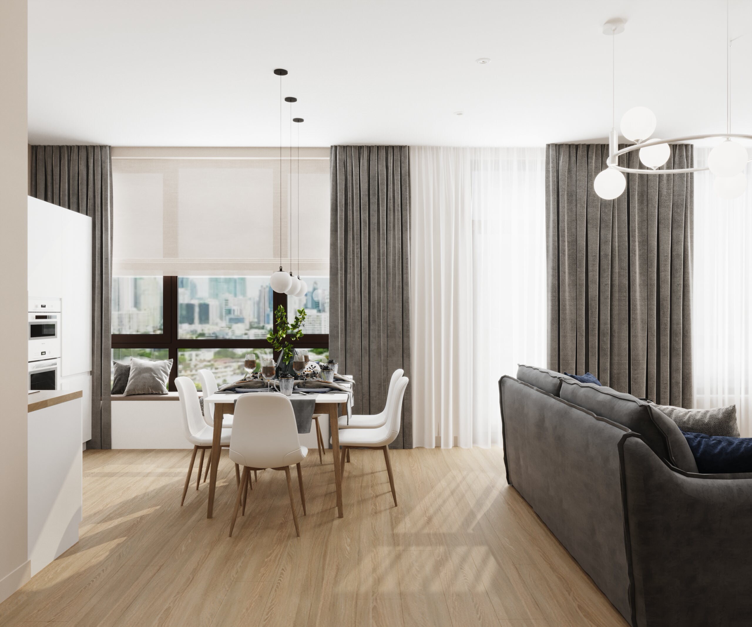 Интерьер гостиной с жалюзи и вертикальными жалюзи в современном стиле