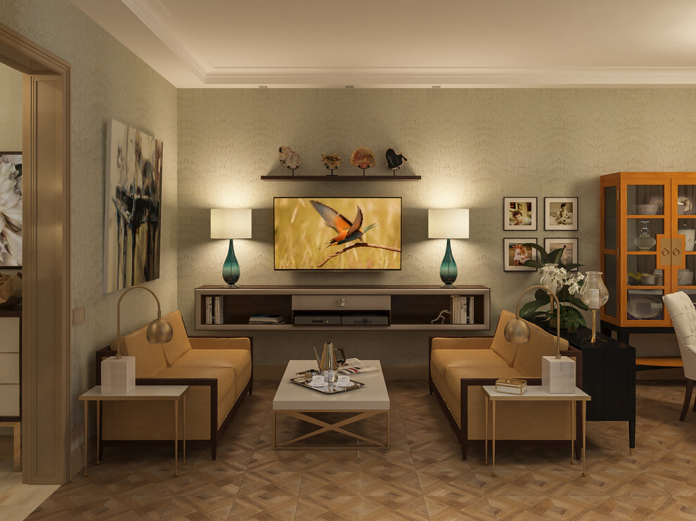 Интерьер гостиной с панно за телевизором, подсветкой настенной и подсветкой светодиодной в современном стиле