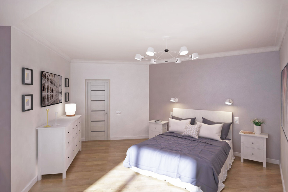 Интерьер спальни cветовыми линиями, подсветкой настенной и подсветкой светодиодной в скандинавском стиле