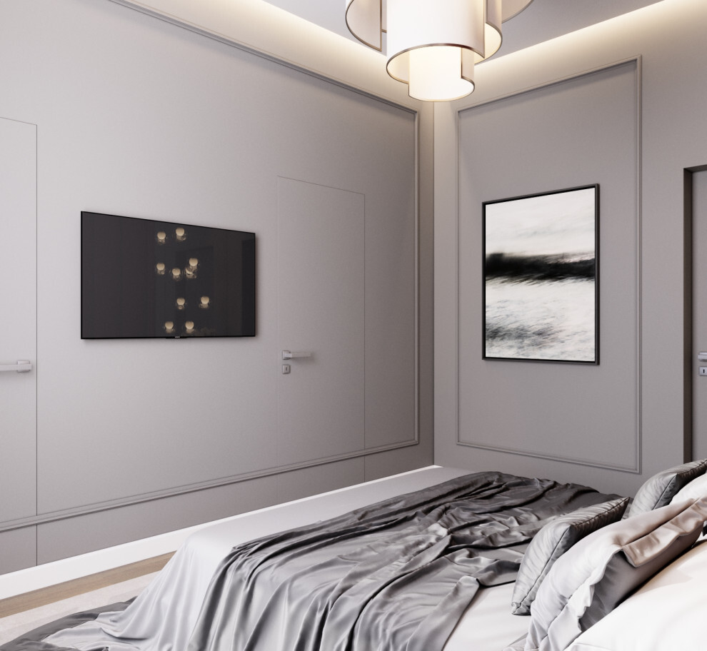 Интерьер спальни с керамогранитом на стену с телевизором и подсветкой настенной