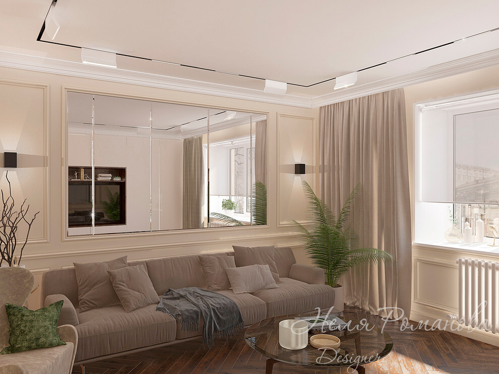 Интерьер гостиной с окном, проходной, проемом и подсветкой настенной в неоклассике