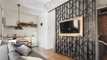Интерьер гостиной с зонированием шторами  смотреть на Basicdecor
