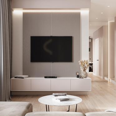 Интерьер гостиной с телевизором на рейках и телевизором на стене  смотреть на Basicdecor