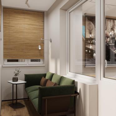 Интерьер гостиной с балконом, жалюзи и дверными жалюзи  смотреть на Basicdecor