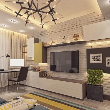 Интерьер гостиной c рабочим местом в современном стиле смотреть на Basicdecor