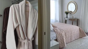 Интерьер спальни с гардеробной зой кроватью  смотреть на Basicdecor