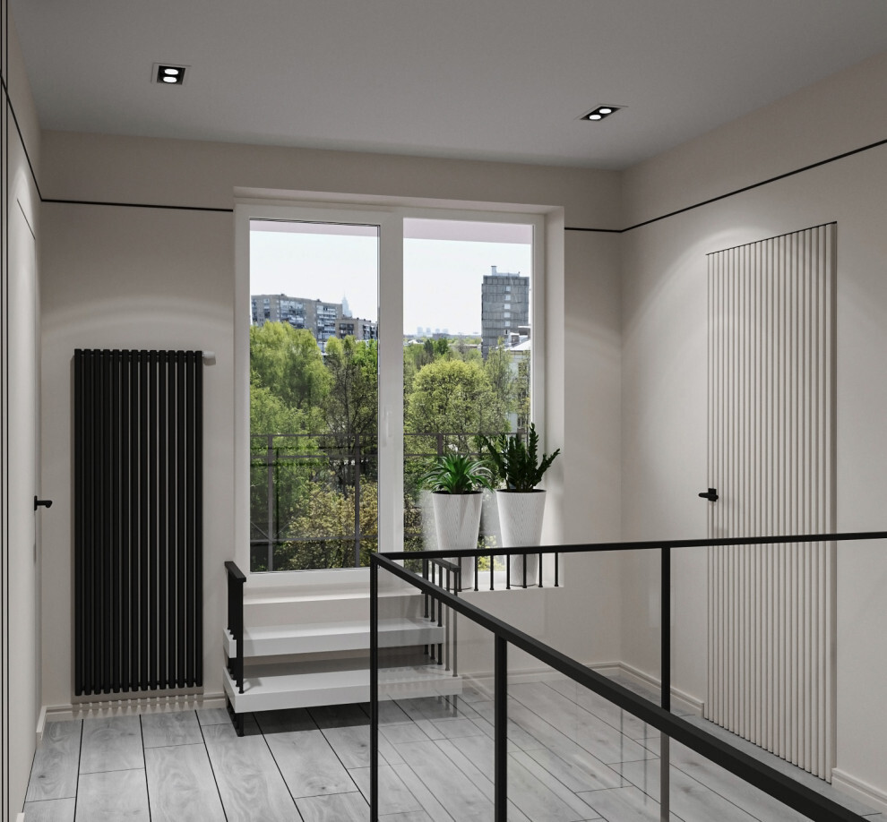 Интерьер балкона с зонированием рейками и вертикальными жалюзи в современном стиле