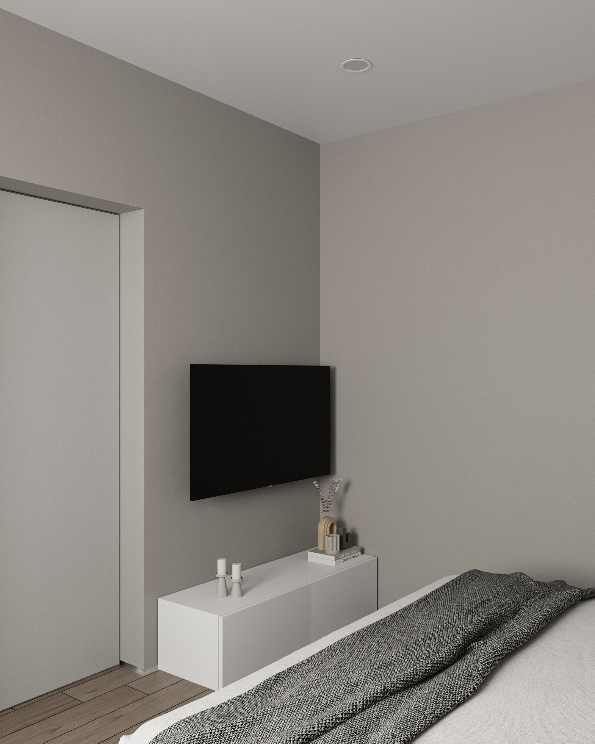 Интерьер спальни с нишей с подсветкой, стеной с телевизором, телевизором на стене, нишей для телевизора, керамогранитом на стену с телевизором и подсветкой настенной