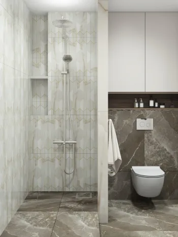 Интерьер ванной с душевой из плитки  смотреть на Basicdecor