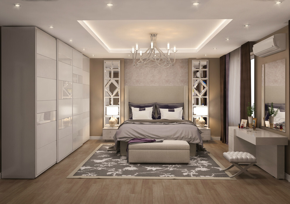 Интерьер спальни cветовыми линиями, подсветкой настенной, подсветкой светодиодной и с подсветкой в современном стиле