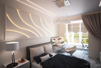 Интерьер спальни с проходной, световыми линиями, рейками с подсветкой, подсветкой настенной, подсветкой светодиодной, светильниками над кроватью и с подсветкой в модернизме