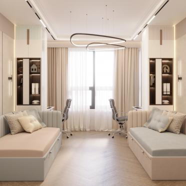 Интерьер детской cветильниками над кроватью и две кровати  смотреть на Basicdecor
